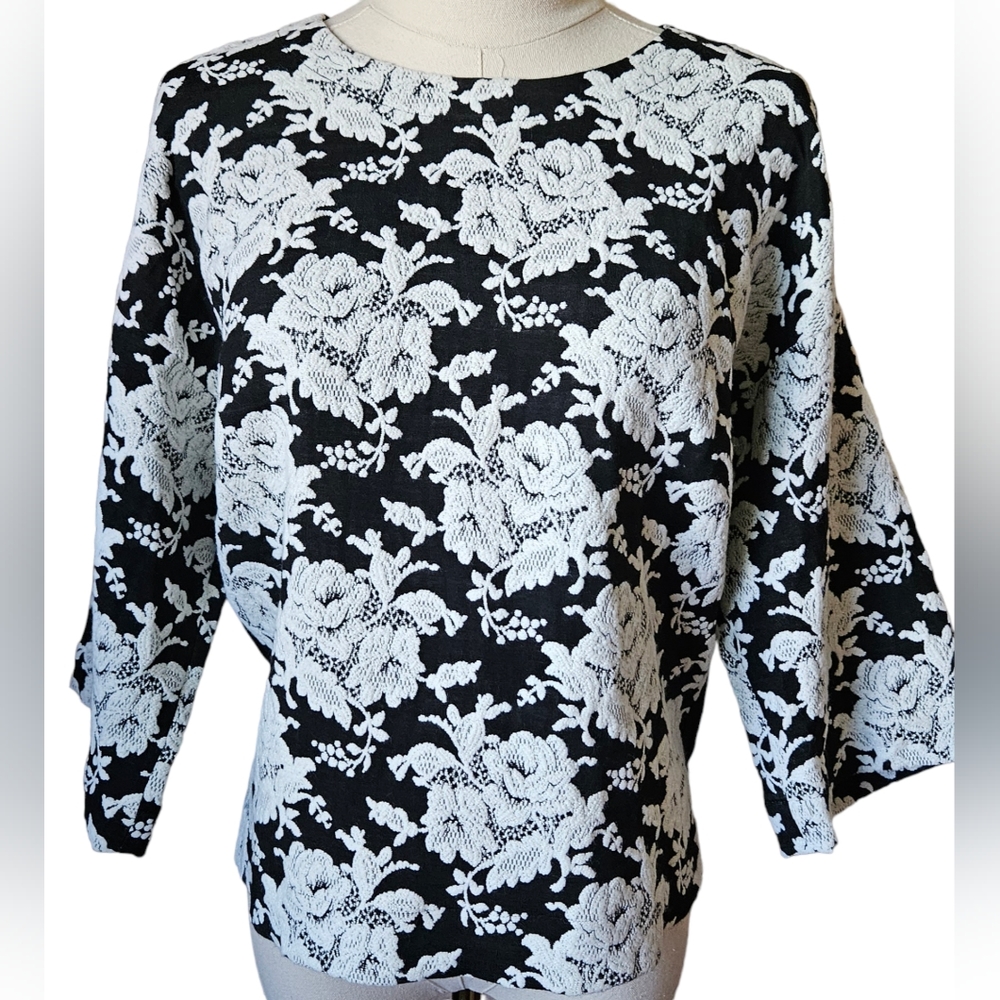 Nwt Tibi Black Silk & White Embroidered Floral Print